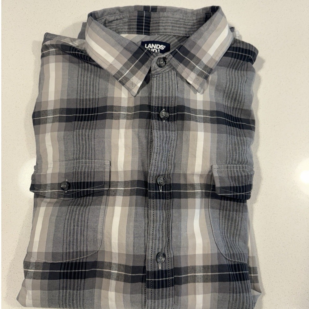 Lands' End Mens XL Tall Tailored Fit Plaid‎ Button Front Shirt Gray Long Sleeve